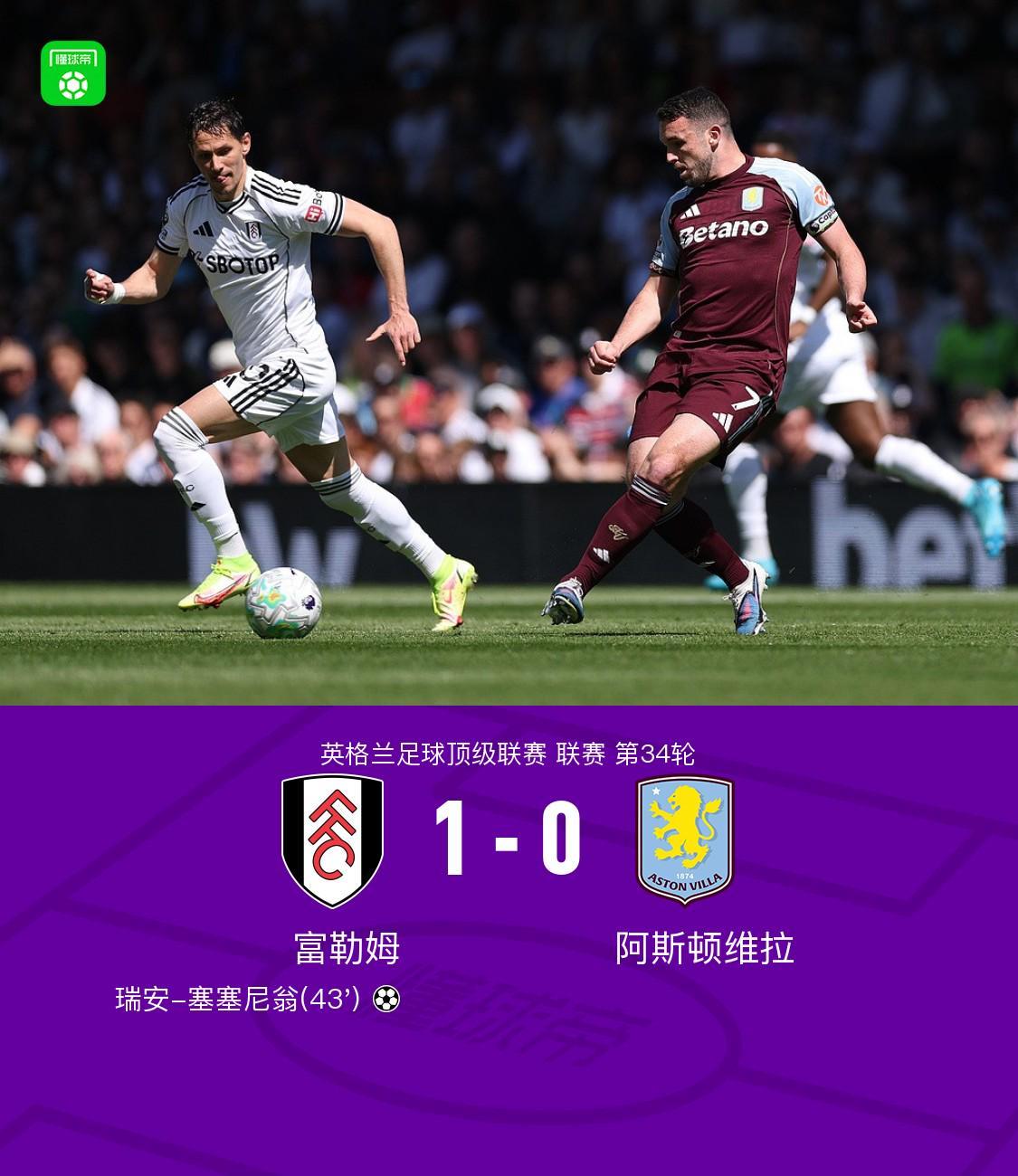 开云体育官方app-富勒姆1-0阿斯顿维拉，瑞安-塞塞尼翁制胜球